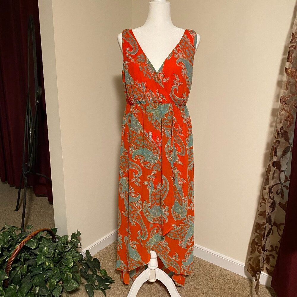 Kut From the Cloth Orange Paisley Sleeveless V Neck Maxi Dress‎ Summer Boho Med - Picture 5 of 11